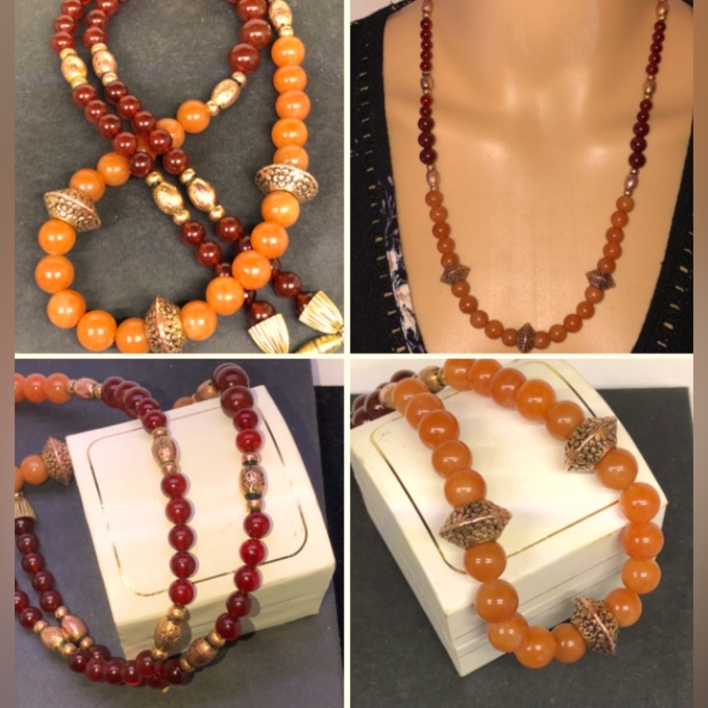 🔴SOLD🔴Graduating Antique Gold Garnet Orange Aventurine Boho Necklace by JM - Picture 1 of 11